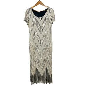 HARLOW Petite Knit Flapper Dress Cap Sleeve Fringe Gold Scoop Neck - P2